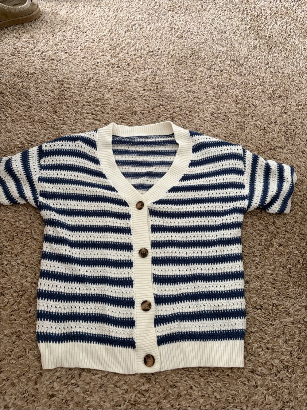 Striped Short-Sleeve Knit Cardigan Sweater - Navy & Cream